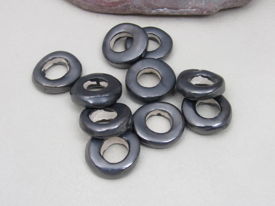 10 Medium Metallic Pewter Glazed Ceramic Donut Beads