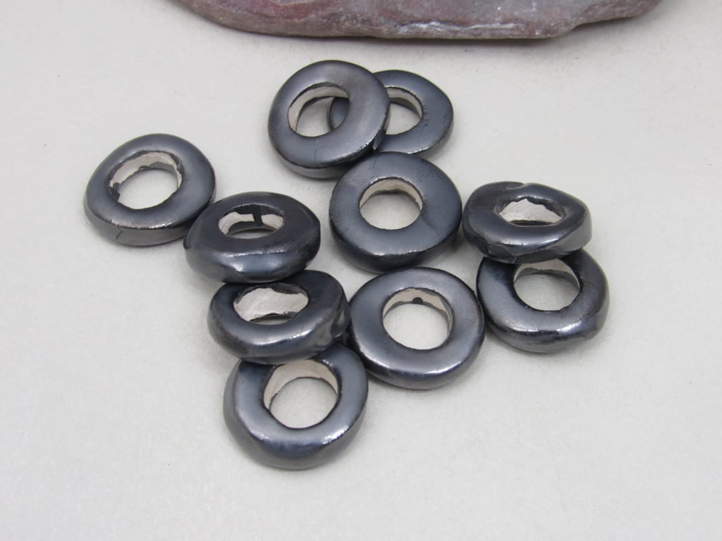 10 Medium Metallic Pewter Glazed Ceramic Donut Beads