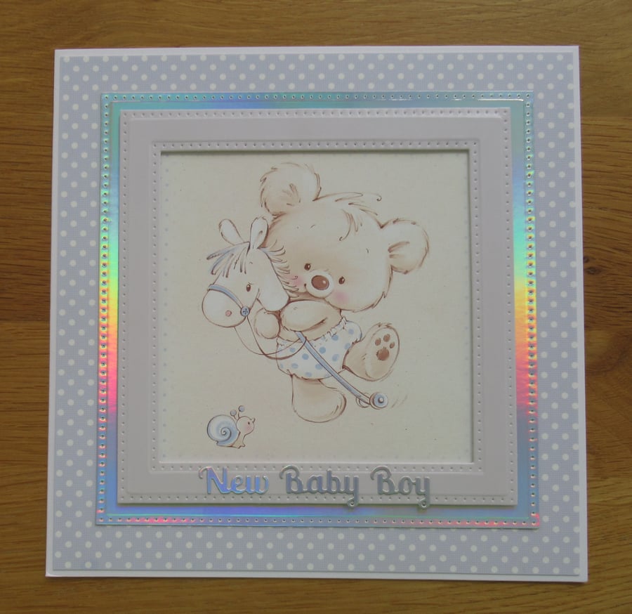 Baby Bear With Hobby Horse - New Baby Large Card (19x19cm)