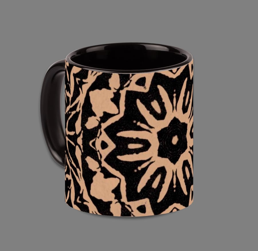 ABSTRACT FLORAL MUG;BLACK INTERIOR & HANDLE.