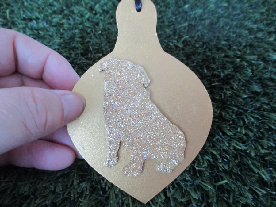 Pug Dog Christmas Tree Bauble Hanging Decoration Gold Glitter Twinkly 