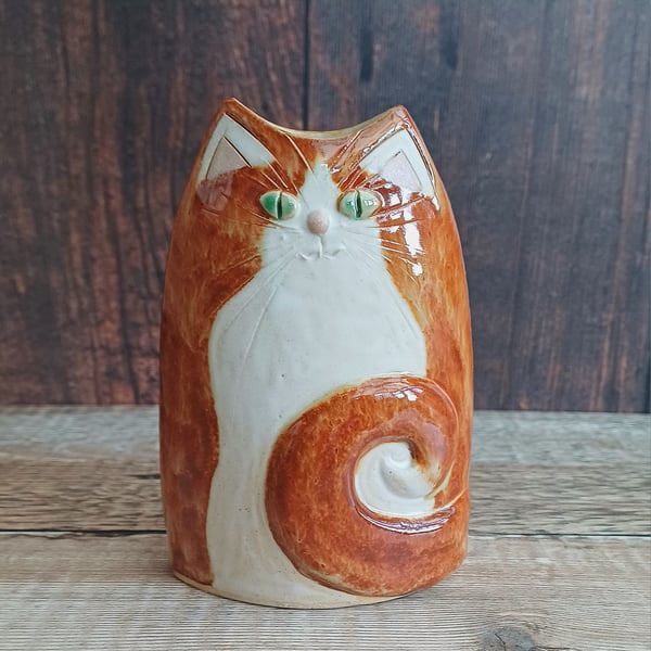Ceramic pottery cat vase. Ginger and white cat