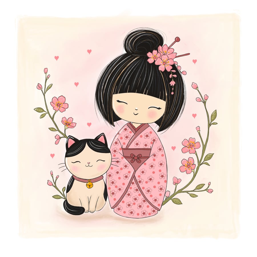 Japanese Kokeshi Girl & Cat Art Print - Cherry Blossom Whimsical Art - 21cm