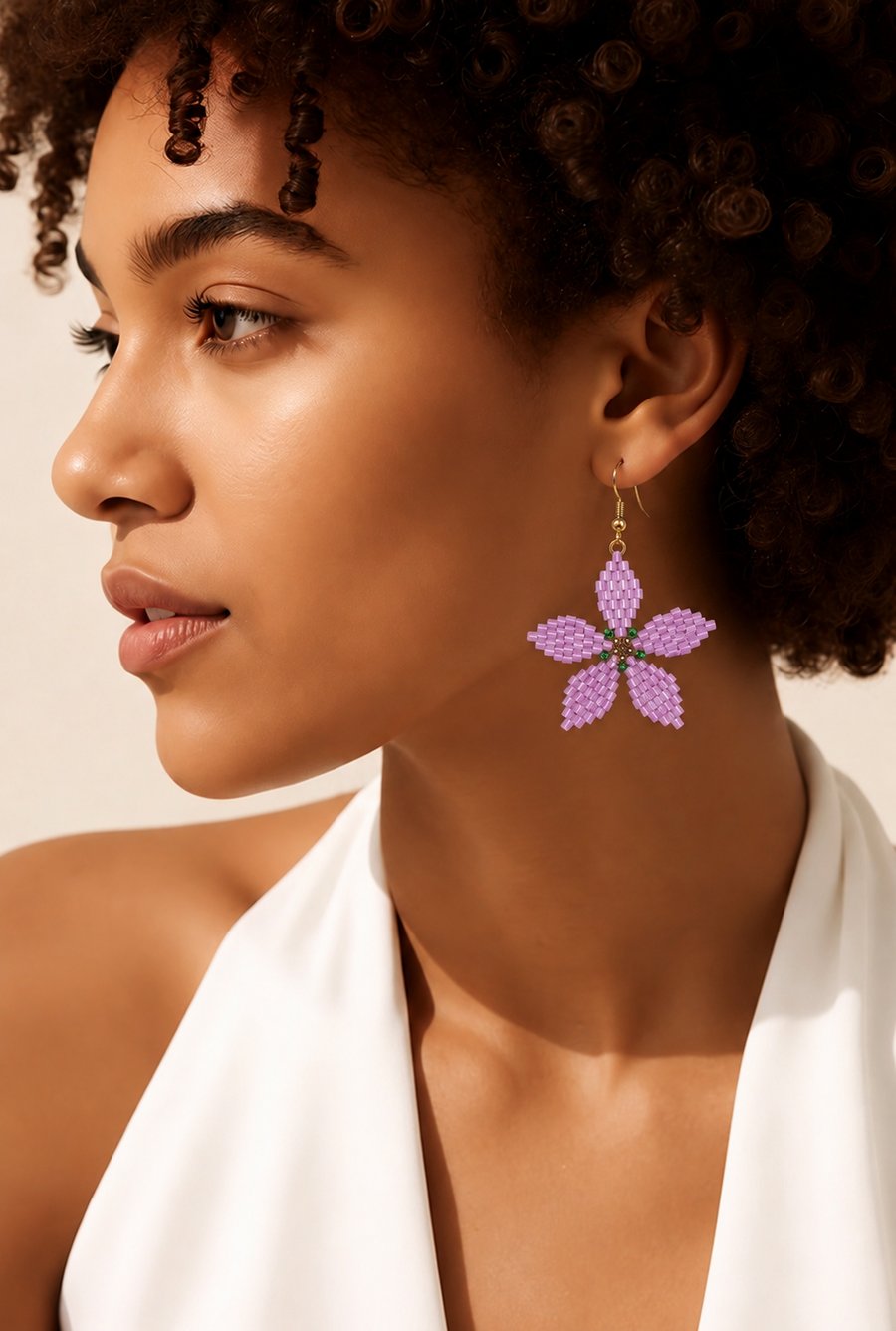 Lilac Flower Earrings Miyuki Delica Beads Handmade 3D Floral Jewellery