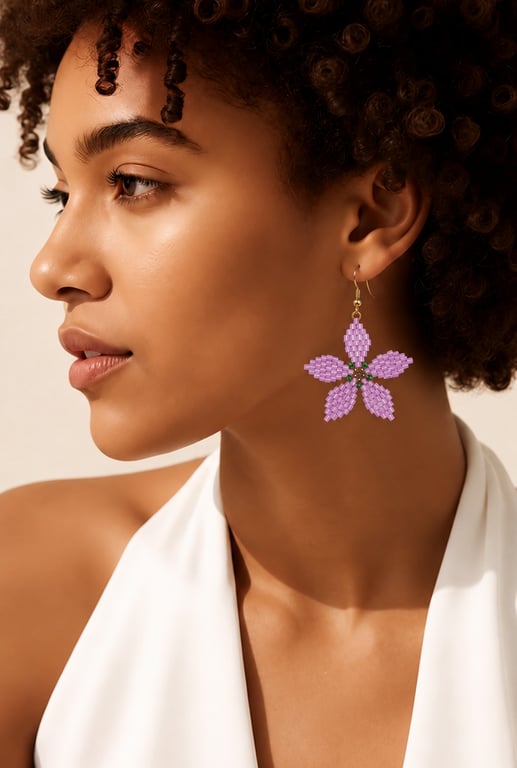Lilac Flower Earrings Miyuki Delica Beads Handmade 3D Floral Jewellery
