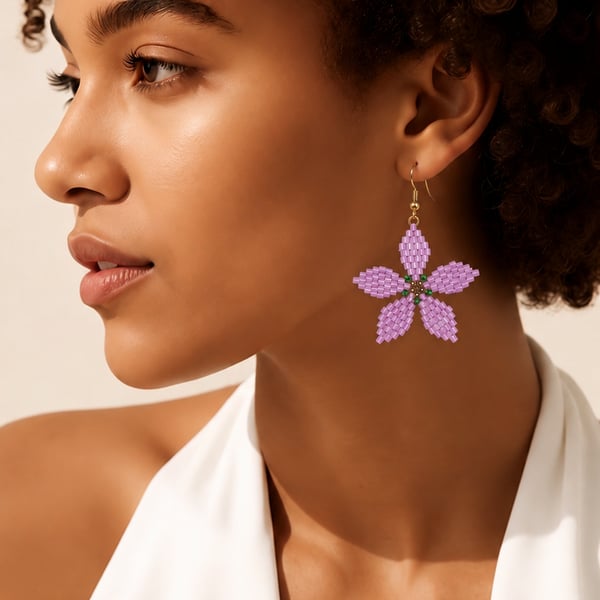 Lilac Flower Earrings Miyuki Delica Beads Handmade 3D Floral Jewellery