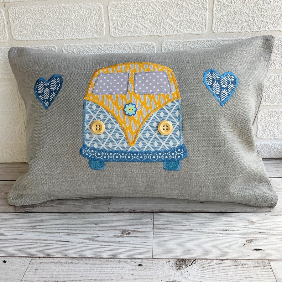 Campervan cushion in grey with blue and yellow campervan