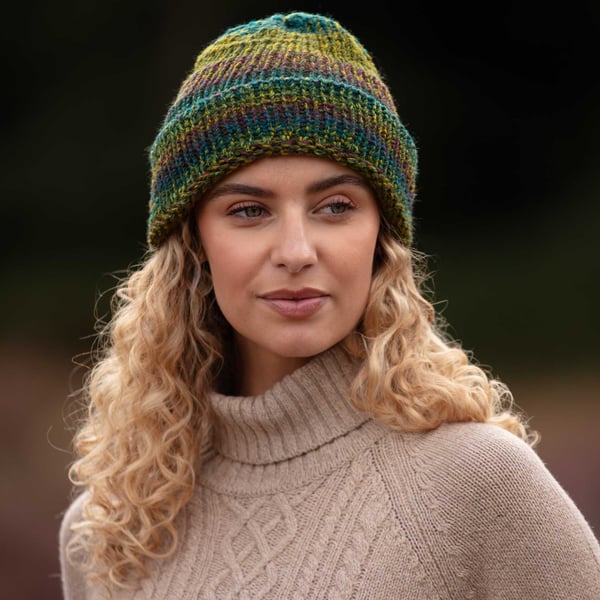 Handmade Green and Purple chunky slouchy beanie hat, Unisex, one size fits all, 