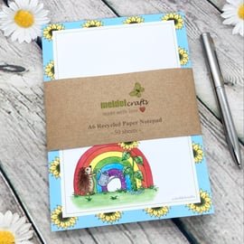 Notepad - A6 Recycled Paper Notepad - Rainbow Hedgehog with Sunflower 