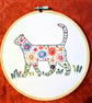 Embroidered cat hoop art, textile wall hanging, cat lovers gift 