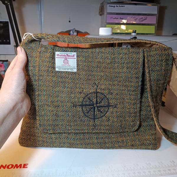 Harris tweed messenger bag with nautical compass