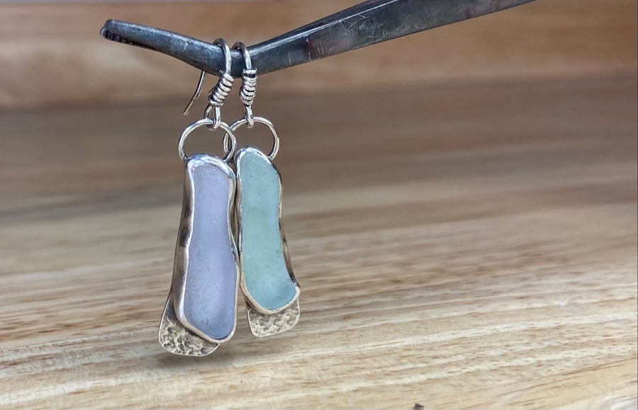 Handmade Sterling & Fine Silver Earrings with Lavender & Blue Welsh Sea Glass