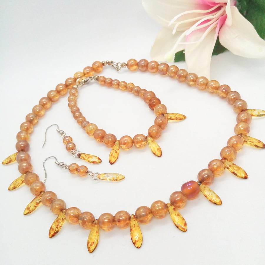 Amber Dagger Bead & Topaz Picasso Bead Jewellery Set, Gift for Her