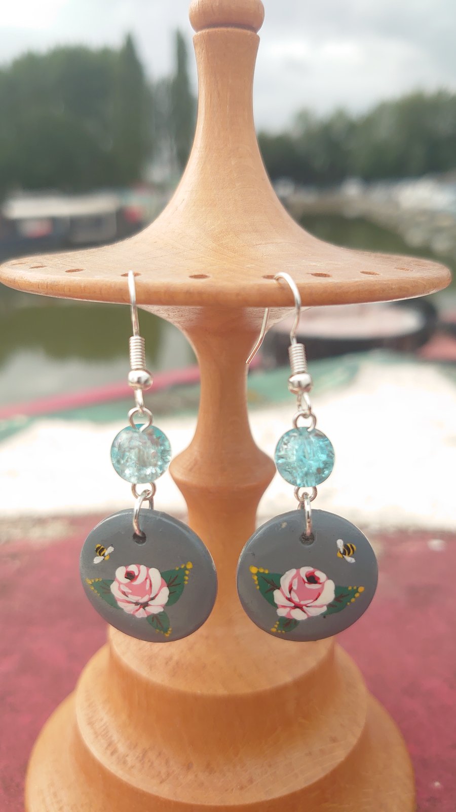 Grey Rose and Castle handpainted earrings