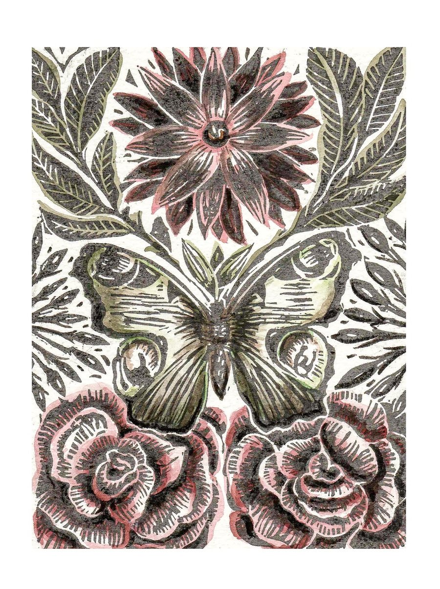 Butterfly and Roses Hand Coloured Lino Cut Print.