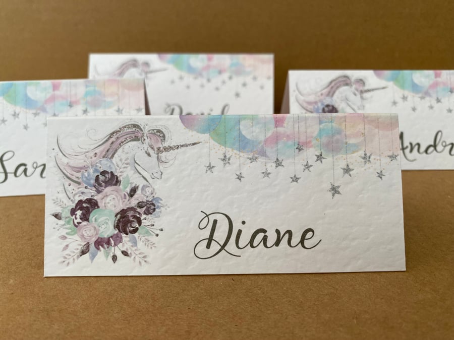 6x personalised NAME rainbow UNICORN place CARDS flower Wedding table decor