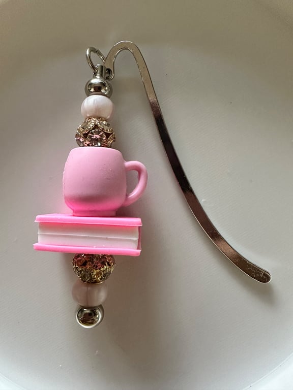 Pink Coffee & Book Metal Silicone Bookmark, Gift for Book Loves, Teacher Gift