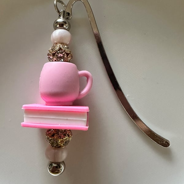Pink Coffee & Book Metal Silicone Bookmark, Gift for Book Loves, Teacher Gift