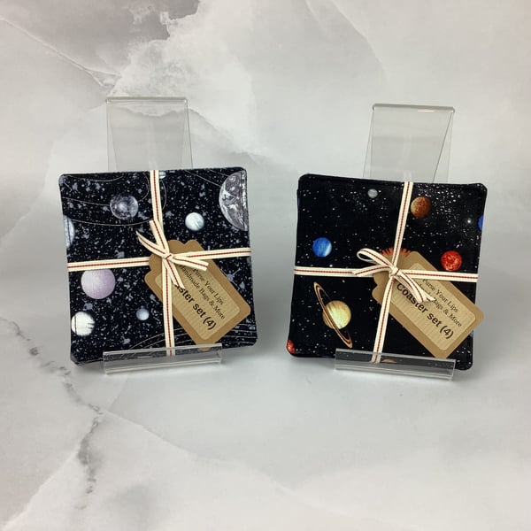 Planets coasters, Set of 4 space fabric coasters, 2 options, Handmade