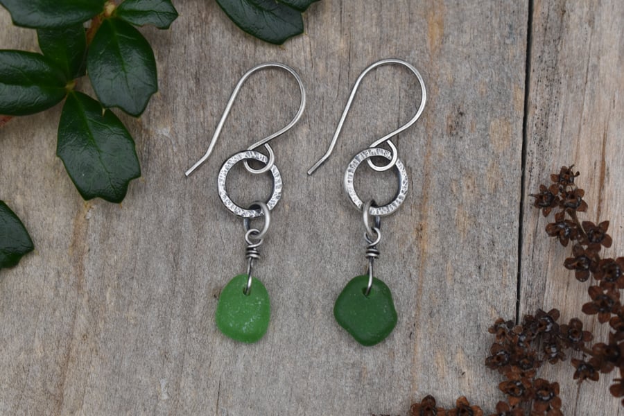 Scottish Sea Glass and Recycled Sterling Silver Earrings, Green