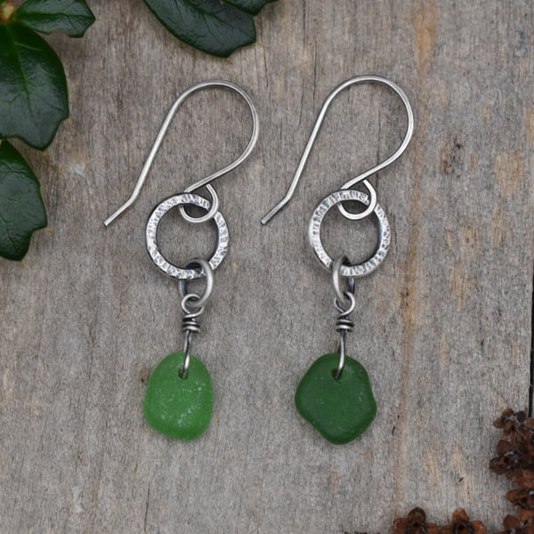 Scottish Sea Glass and Recycled Sterling Silver Earrings, Green