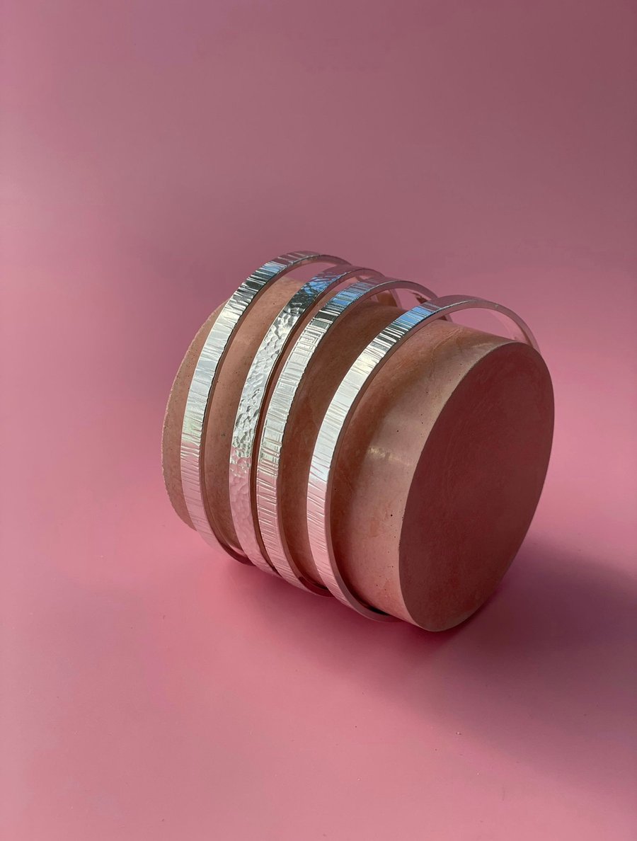 Sterling silver bangle, wide bark textured bangle