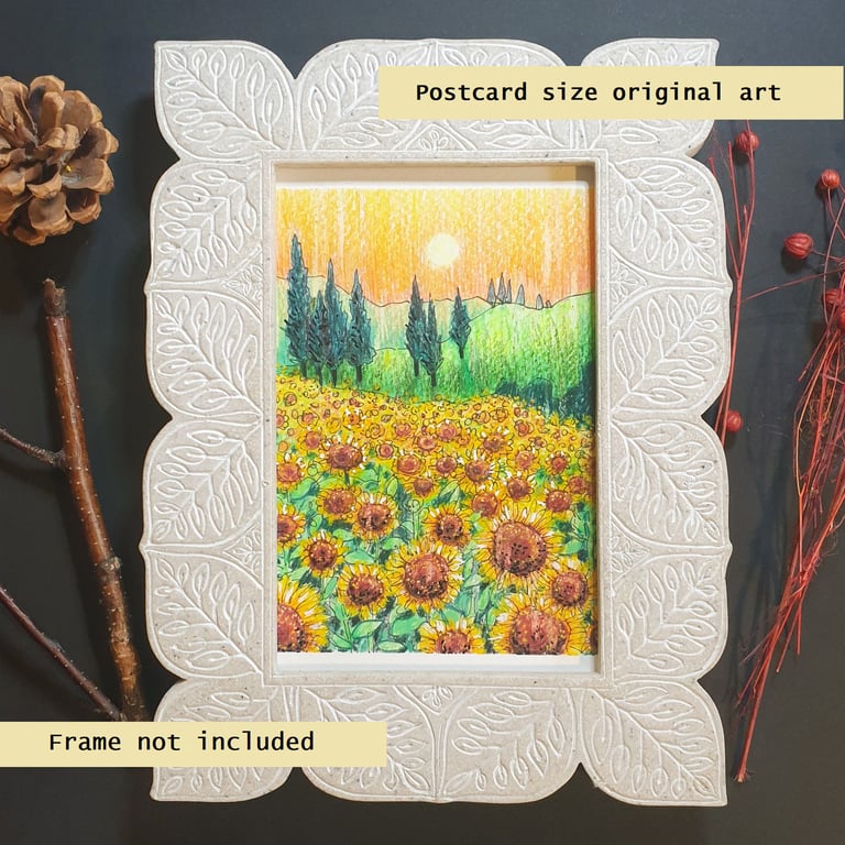 Sunflower field small original artwork, landscape drawing, floral landscape