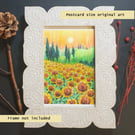 Sunflower field small original artwork, landscape drawing, floral landscape