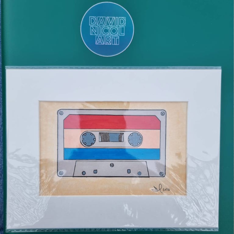 Cassette '86 Original Acrylic Painting Retro Mounted 6x4" DavidNicolArt