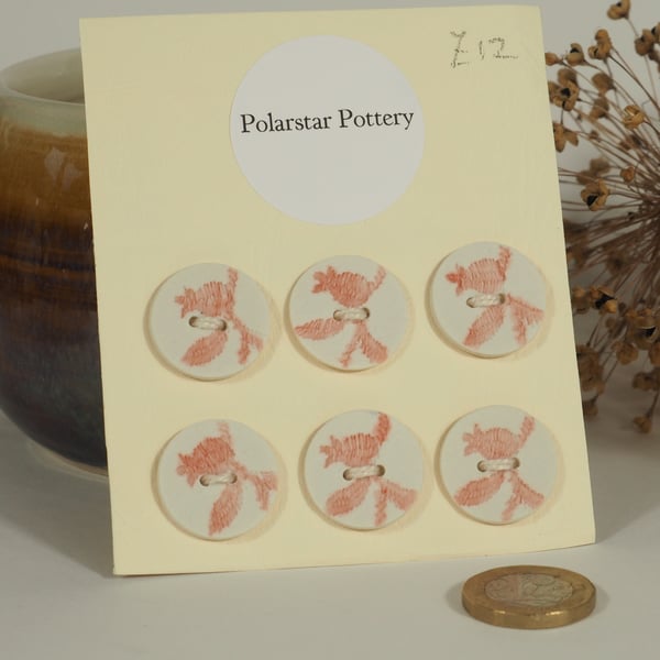 Set of 6 Porcelain Buttons - Pale red rosehip embroidery texture