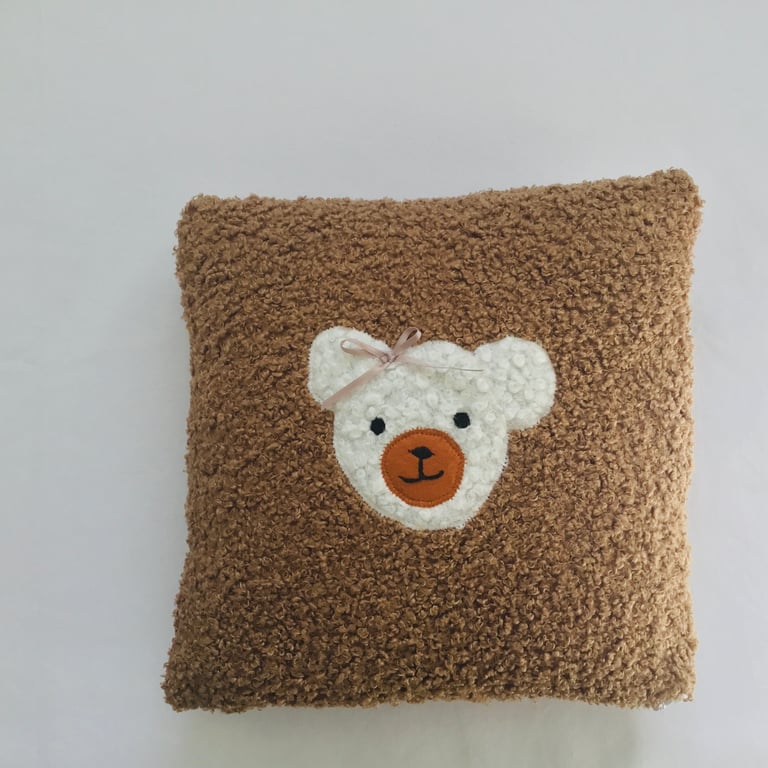 Boucle Nursery Cushion with Appliquéd Teddy