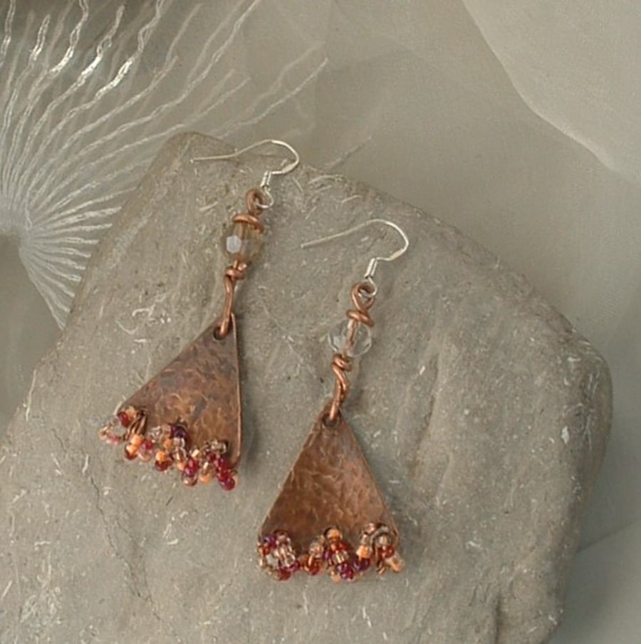 "Fire" Rustic Copper Earrings with glass seed beads