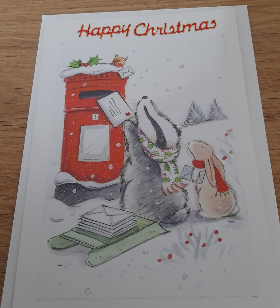 CUTE CHRISTMAS CARD WITH BADGER, RABBIT AND ROBBIN POSTING THERE XMAS CARDS.