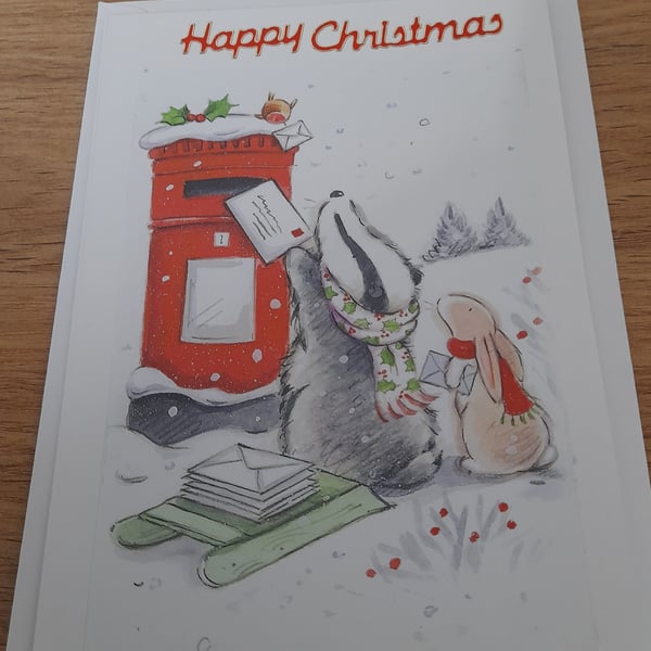 CUTE CHRISTMAS CARD WITH BADGER, RABBIT AND ROBBIN POSTING THERE XMAS CARDS.