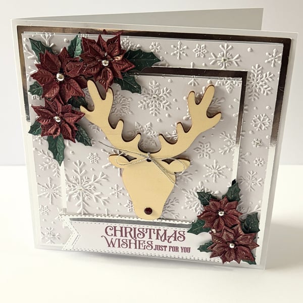 Luxury Handmade Christmas Card - Reindeer & Poinsettias, Boxed Keepsake