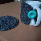 Chunky Grey Crochet Mug Warmer and Coaster Gift Set