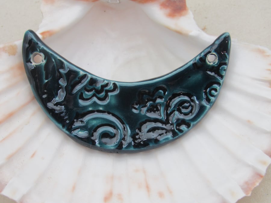 Petrol Blue Leaf Pattern Ceramic Crescent Bib Pendant
