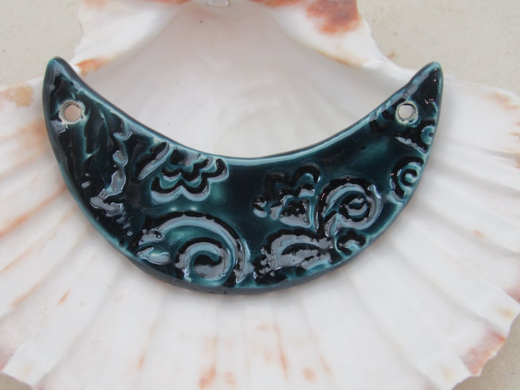 Petrol Blue Leaf Pattern Ceramic Crescent Bib Pendant