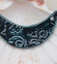 Petrol Blue Leaf Pattern Ceramic Crescent Bib Pendant