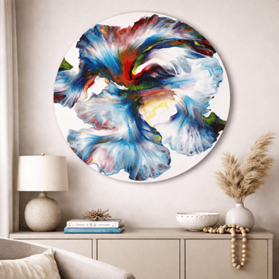 Vibrant Multicoloured Dutch Pour MDF Round - 40cm - Unique Fluid Art Piece