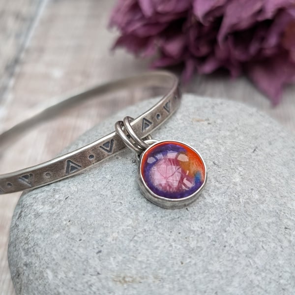 Sterling Silver Boho Stampled Bangle with Round Pink Surfite Charm - JBJ10003