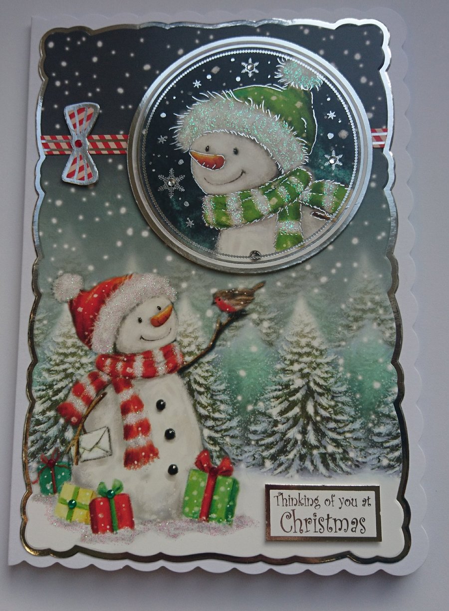 Christmas Card Snowmen and Robin With Presents 3D Luxury Handmade Card