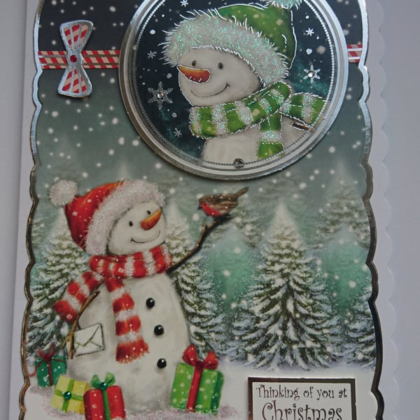 Christmas Card Snowmen and Robin With Presents 3D Luxury Handmade Card