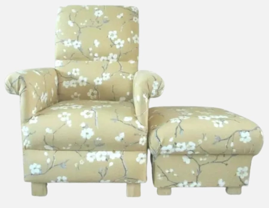 Floral Mustard Chair & Footstool Adult Armchair Pouffe Ochre Cream Flowers Small