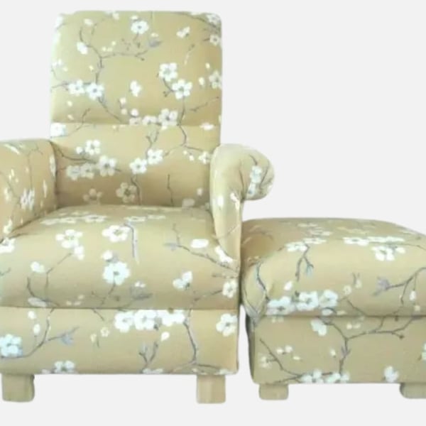 Floral Mustard Chair & Footstool Adult Armchair Pouffe Ochre Cream Flowers Small