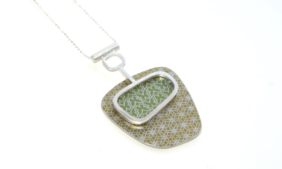 Flower and butterfly abstract pendant - olive and silver
