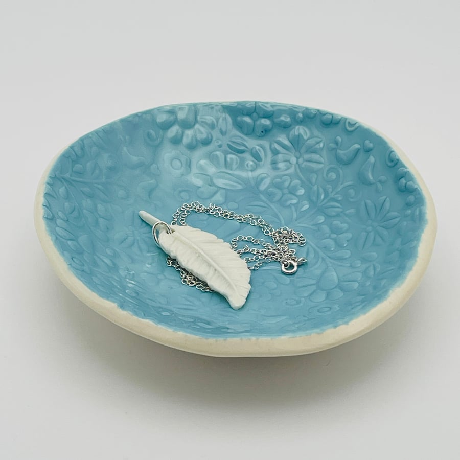 NEW! Aqua-blue ceramic trinket dish with botanical design