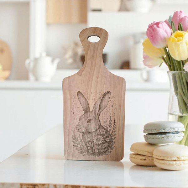 Hevea Wood Serving Board – Mystical Bunny with Floral Woodland Design (34 x 16)