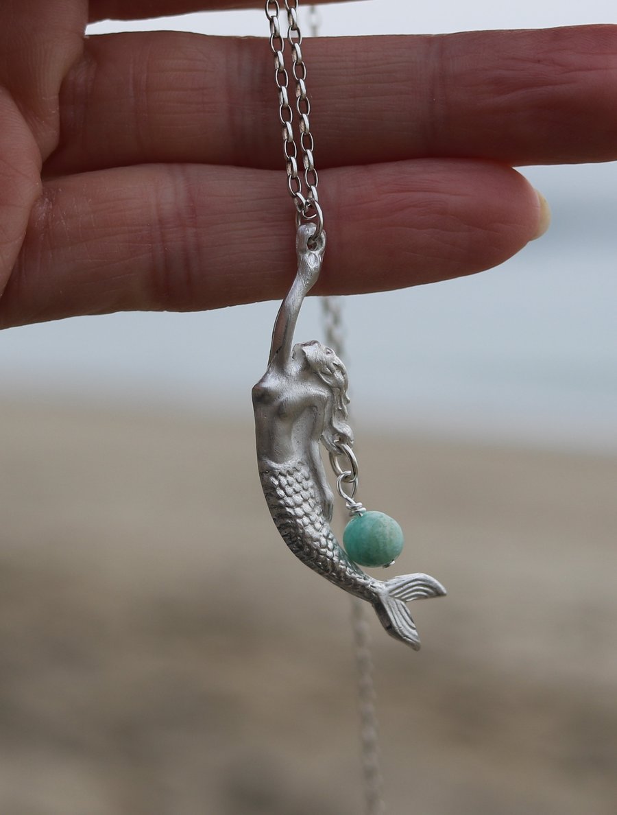 Cornish mermaid necklace fine silver and turquoise -Made to order-