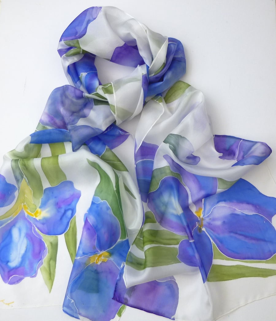 Blue Iris hand painted  Silk Scarf size 35 x 180cm